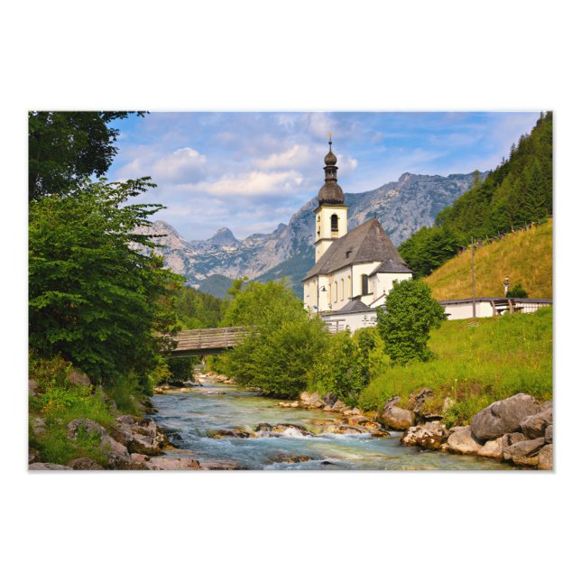 Mountain church with stream landscape photo print (Front)