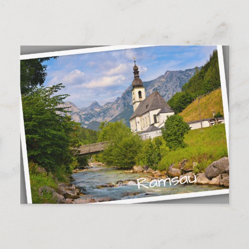 Mountain church with stream landscape postcard