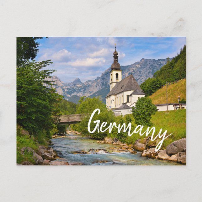 Mountain church with stream landscape postcard (Front)