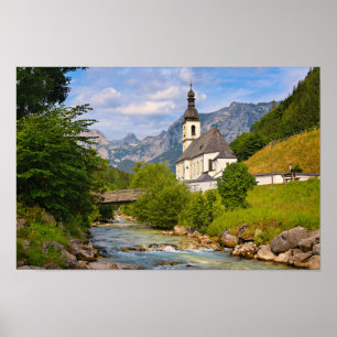 Mountain church with stream landscape poster