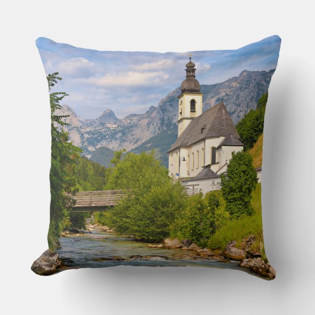 Mountain church with stream landscape throw pillow (Front)