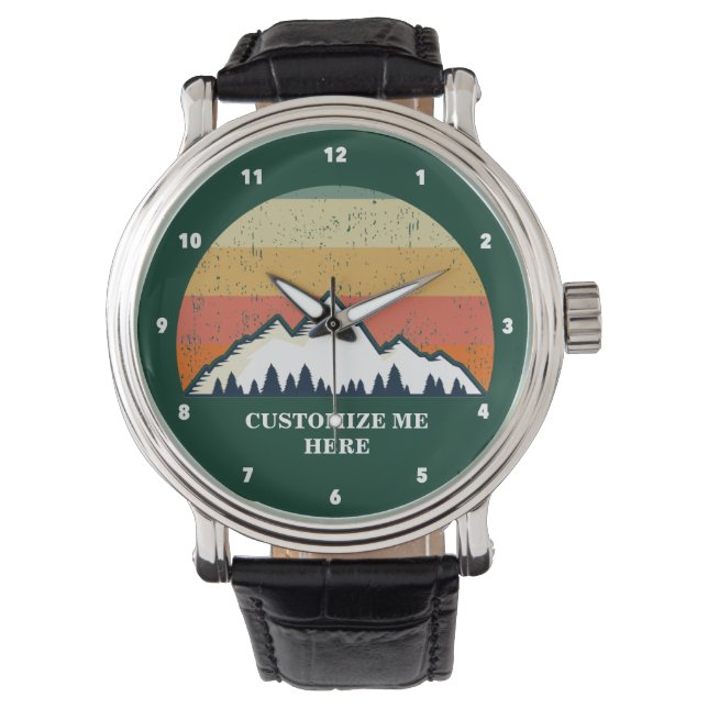 Mountain Climbing Cool Vintage Sunset Monogram Watch (Front)