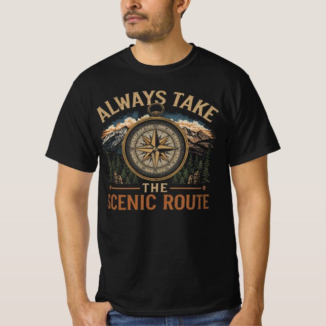 Mountain Compass Hiking Adventure Scenic Route T-Shirt (Front)