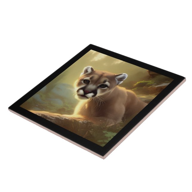 Mountain Cougar Wildlife Portrait  Ceramic Tile (Side)