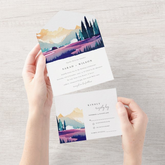 Mountain Country Lilac Fields Landscape Wedding All In One Invitation (Tearaway)