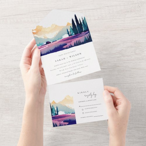 Mountain Country Lilac Fields Landscape Wedding All In One Invitation