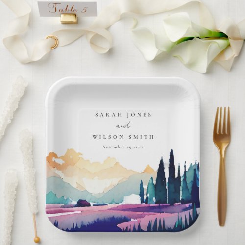 Mountain Country Lilac Fields Landscape Wedding Paper Plates