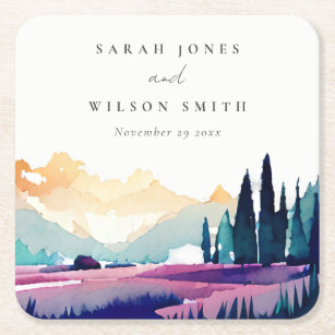 Mountain Country Lilac Fields Landscape Wedding Square Paper Coaster