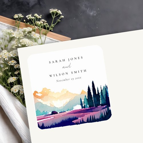 Mountain Country Lilac Fields Landscape Wedding Square Paper Coaster