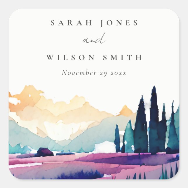 Mountain Country Lilac Fields Landscape Wedding Square Sticker (Front)