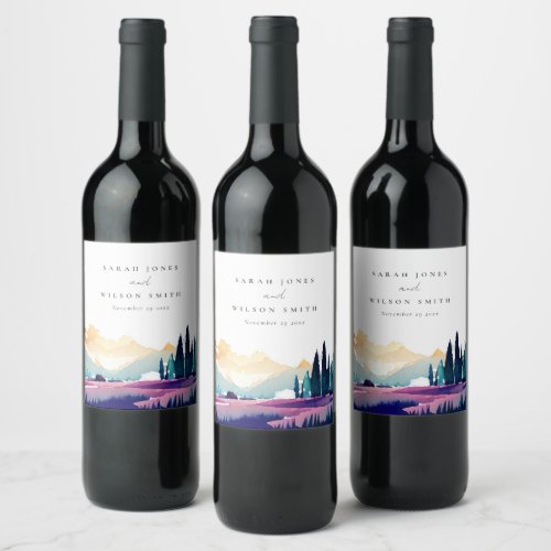 Mountain Country Lilac Fields Landscape Wedding Wine Label