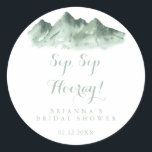 Mountain Country Sip Sip Hooray Bridal Shower  Classic Round Sticker<br><div class="desc">This mountain country sip sip hooray bridal shower favor sticker is perfect for a rustic wedding shower. The design features a watercolor hand-painted green mountain,  inspiring a countryside theme.</div>