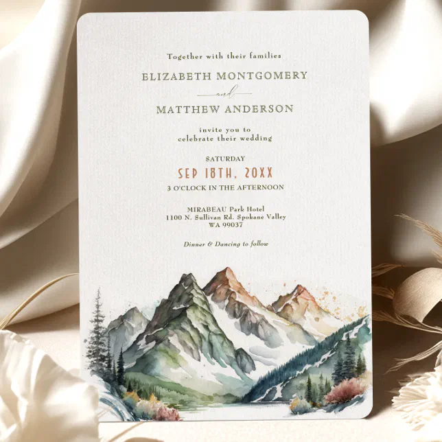 Mountain Destination Wedding Invitation Watercolor 