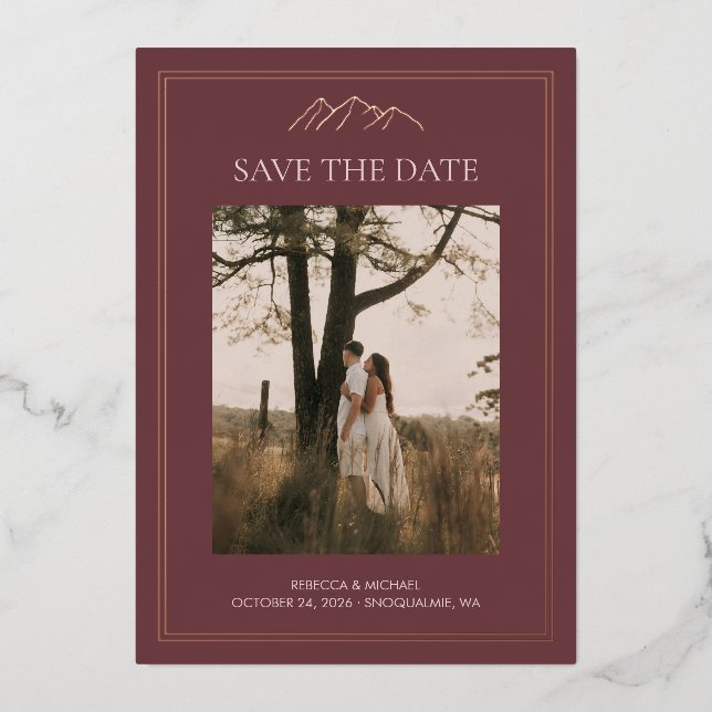 Mountain destination wedding save the date foil invitation (Front)