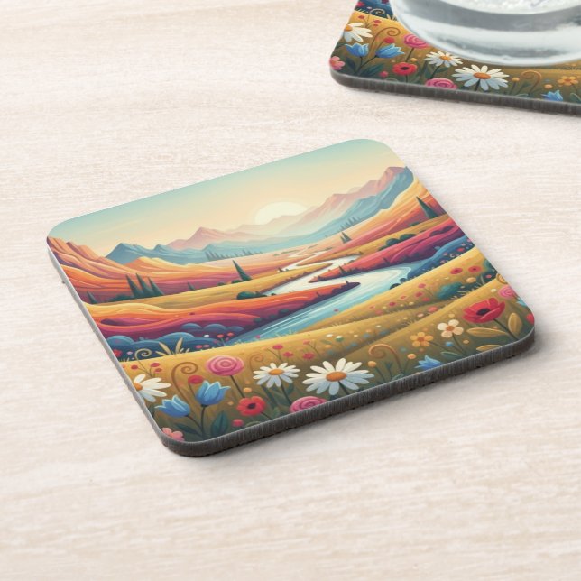 Mountain Dreamscape: Valley of Vibrant Bloom Beverage Coaster (Left Side)