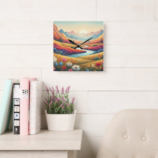 Mountain Dreamscape: Valley of Vibrant Bloom Square Wall Clock