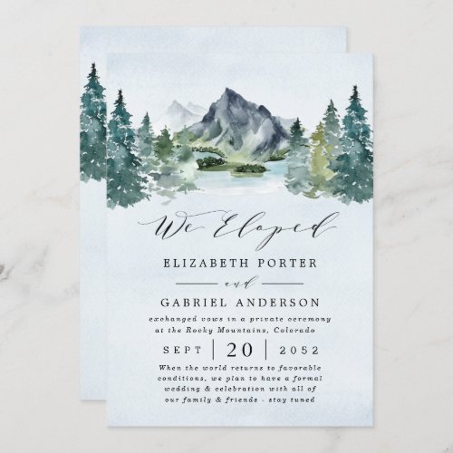 Mountain Evergreen Rustic Trees Wedding Elopement Invitation
