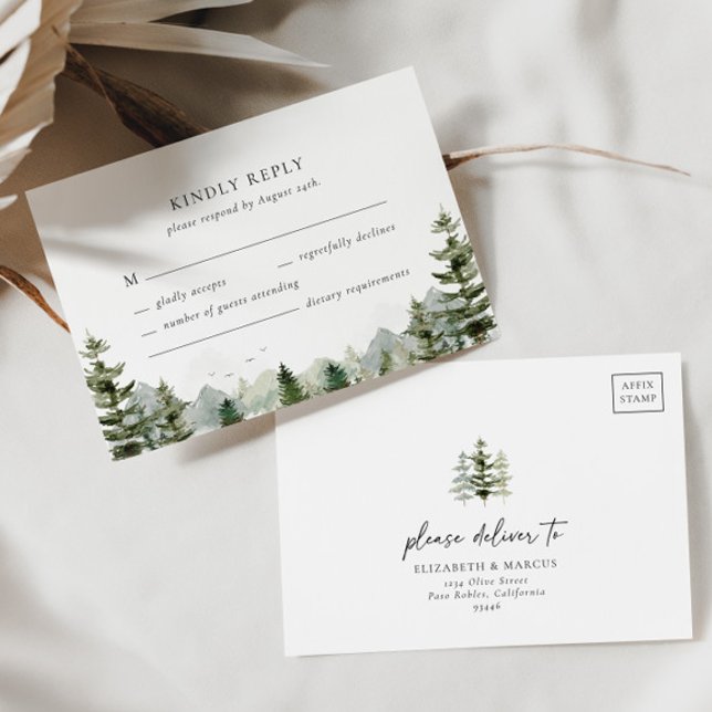 Mountain Evergreen Woodland Forest Elegant Wedding RSVP Card (Creator Uploaded)