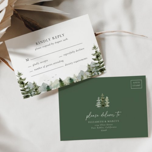 Mountain Evergreen Woodland Forest Elegant Wedding RSVP Card