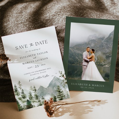 Mountain Evergreen Woodland Forest Elegant Wedding Save The Date