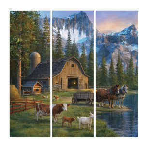 Mountain Farm at Sunset Peaceful Rural Scene Triptych