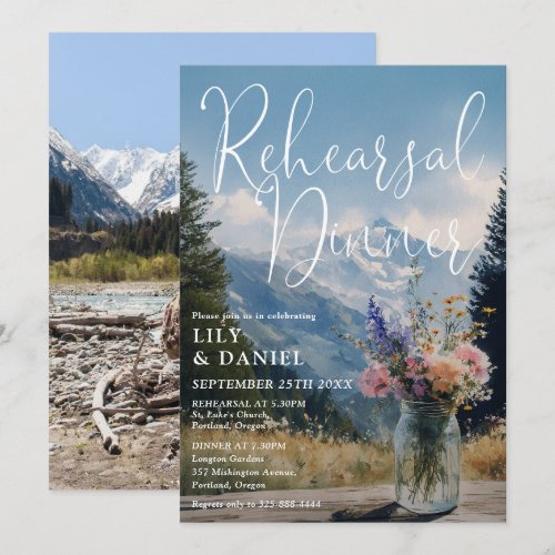 Mountain Floral Mason Jar Photo Rehearsal Dinner Invitation