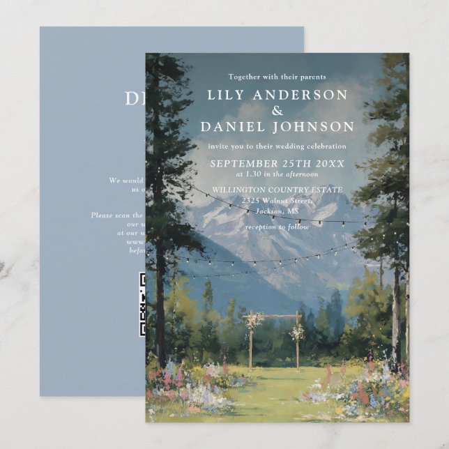 Mountain Floral String Lights Wedding QR Code Invitation (Front/Back)