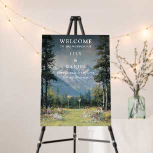 Mountain Floral String Lights Wedding Welcome Sign