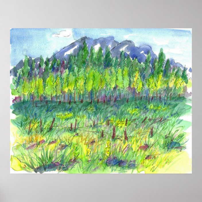 Mountain Flower Meadow Trees Watercolor Painting Poster Zazzle