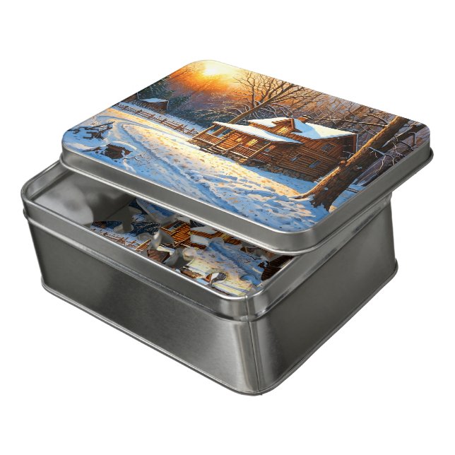 Mountain Forest Cabin Art in a Tin Jigsaw Puzzle (Lid Open)