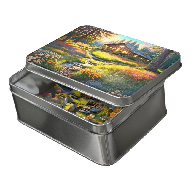 Mountain Forest Cabin Art in a Tin Jigsaw Puzzle (Lid Open)
