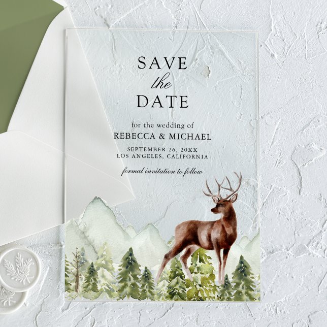 Mountain Forest Deer Wedding Save the Date Acrylic Invitations (Creator Uploaded)