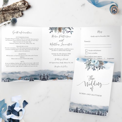 Mountain Forest Destination Wedding with RSVP Tri_Fold Invitation