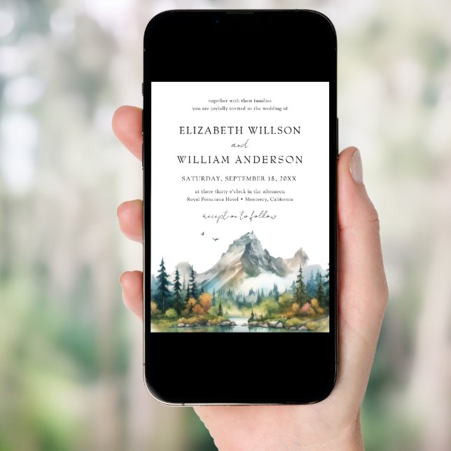 Mountain Forest Evergreen Tree Wedding Photo Invitation (Front Digital)