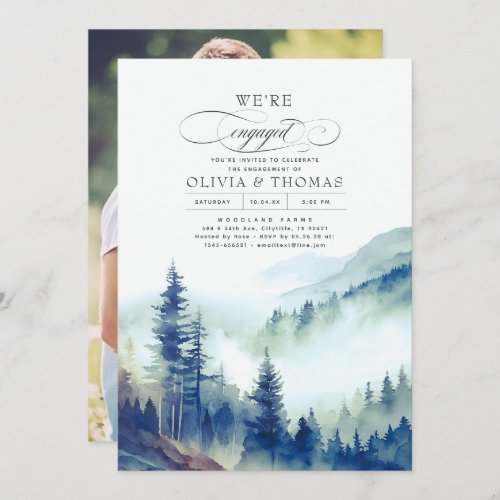 Mountain Forest Fog Evening Engagement Party Photo Invitation