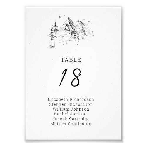 Mountain forest guests names table number photo print