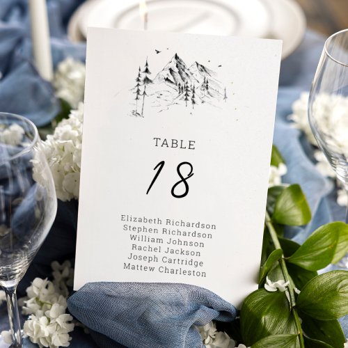 Mountain forest hand drawn guests names table number