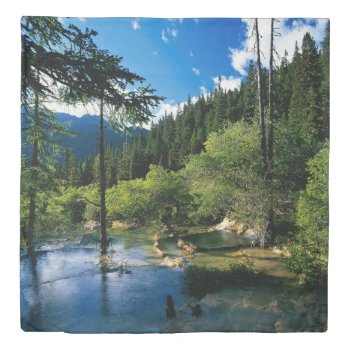 Mountain Forest Lake (1 Side) Queen Duvet Cover by FantasyPillows at Zazzle
