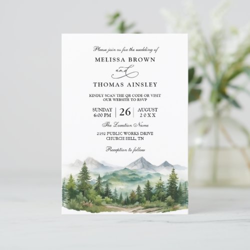 Mountain Forest Lake Budget QR Code Wedding Invitation