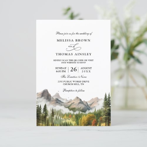 Mountain Forest Lake Budget QR Code Wedding Invitation