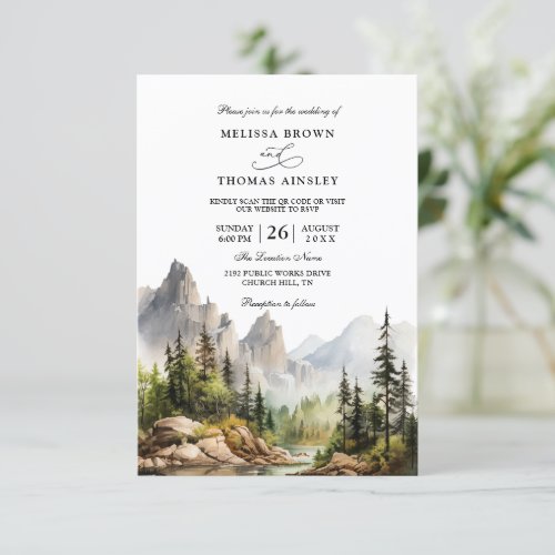 Mountain Forest Lake Budget QR Code Wedding Invitation