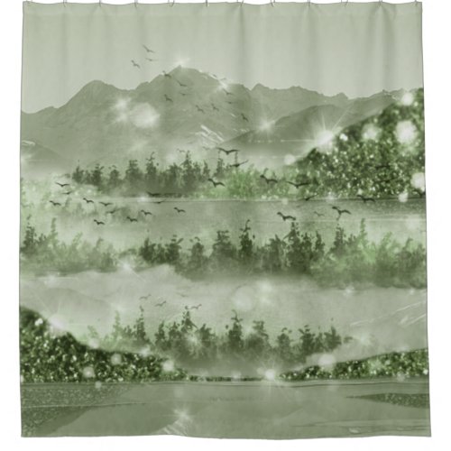 Mountain Forest Lake Landscape Mixed Media Shower Curtain