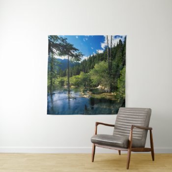 Mountain Forest Lake Square Wall Tapestry by PrettyPosters at Zazzle