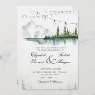 Mountain,Forest,Lake,String Lights Chic Wedding Invitation