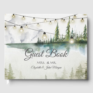 Mountain,Forest,Lake,String Lights Wedding Guest Book