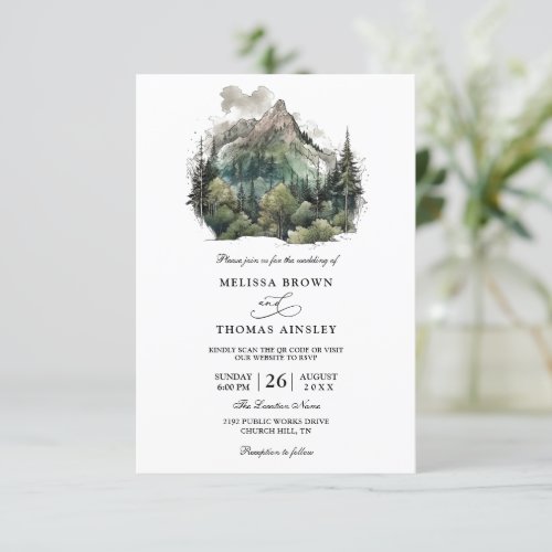 Mountain Forest Landscape Budget QR Code Wedding Invitation