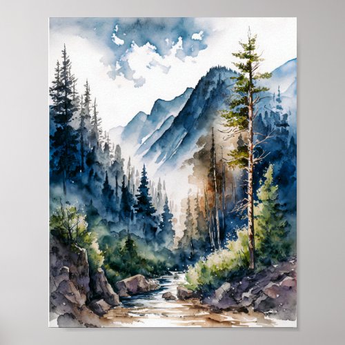 Mountain Forest Landscape Watercolor Poster