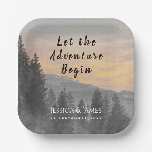 Mountain Forest Let the Adventure Begin Wedding Paper Plates