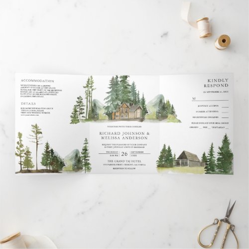 Mountain Forest Lodge Log Cabin All in One Wedding Tri_Fold Invitation