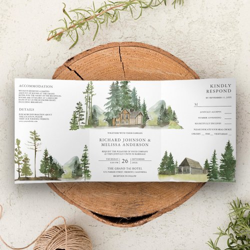 Mountain Forest Lodge Log Cabin All in One Wedding Tri_Fold Invitation